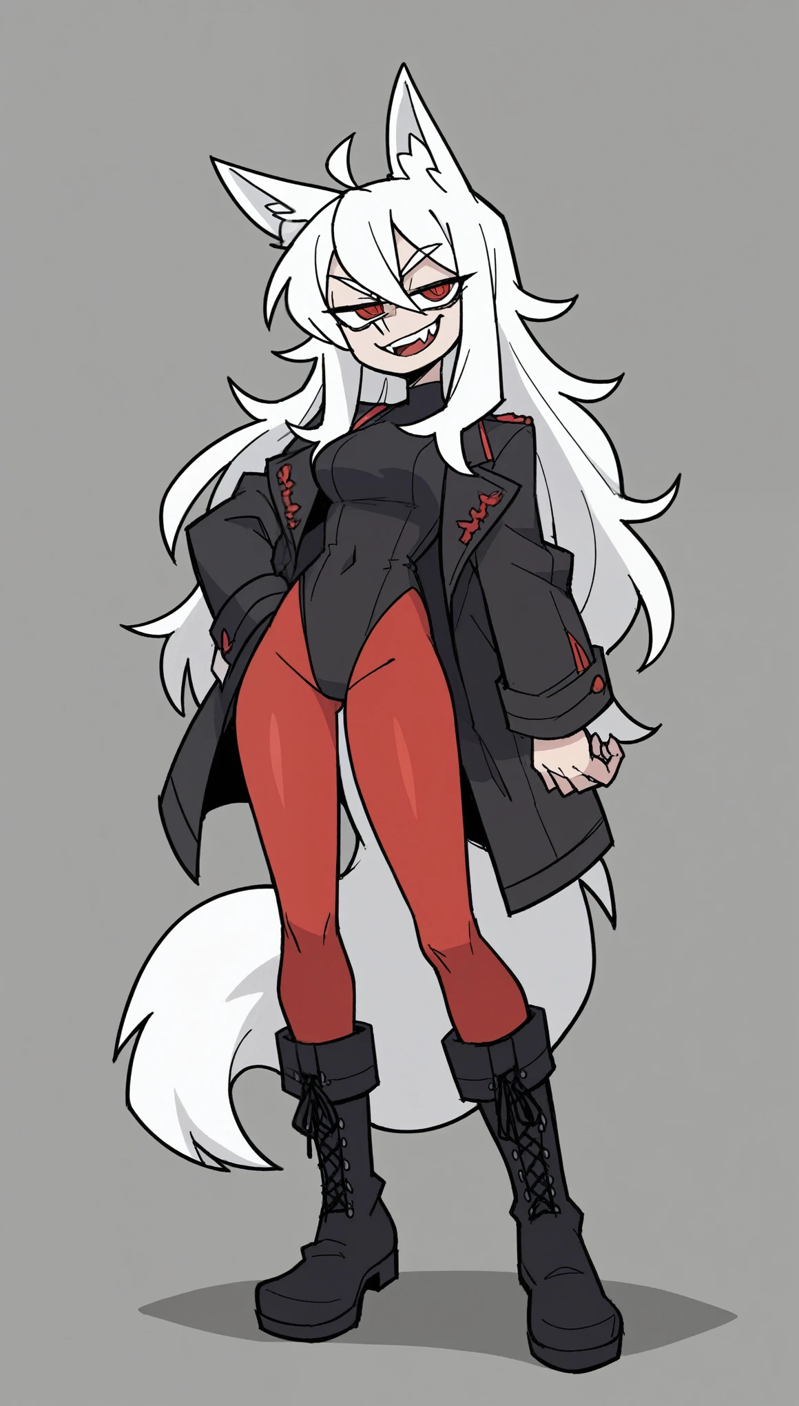 zPDXL, score_9, score_8_up, score_7_up, source_anime, 8k, absurdres, 1girl, solo,  vanitaker, white hair, long hair, white Fox ears, white Fox tail, red pantyhose, black jacket, black leotard, black boots, leotard under jacket, red eyes, fangs teeth, gray background, standing, half-closed eyes, smug smile, looking at the viewer