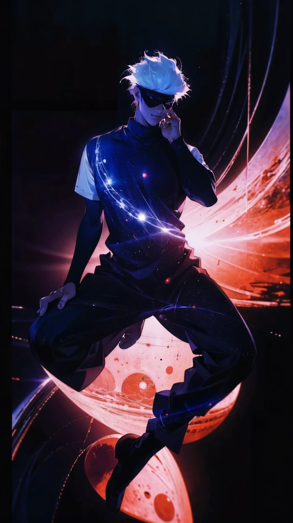 1boy, full body shot, perfect hand and fingers, satoru gojo, blindfold, black outfit, white hair, look at sky, smirk, red and blue moon city night background, wallpaper, cinematic,High resolution 8K, Bright light illumination, lens flare, sharpness, masterpiece, top-quality, The ultra -The high-definition, high resolution, extremely details CG, Anime style, Film Portrait Photography,masterpiece,hyperdetail