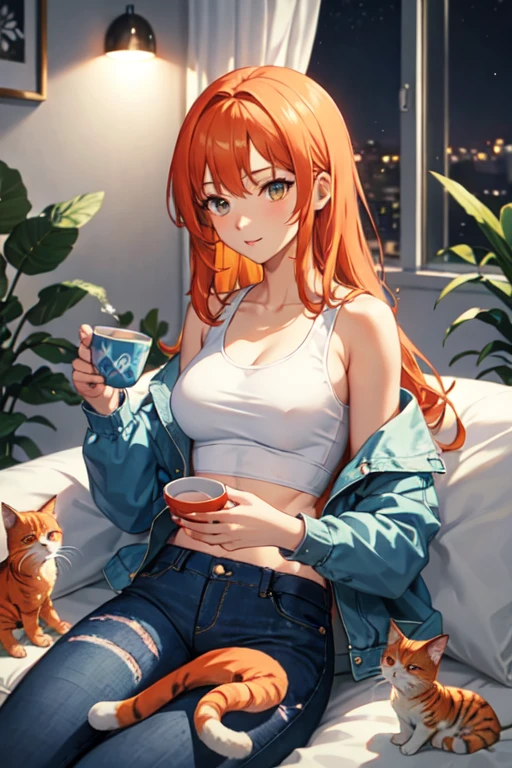 25-year-old anime girl in a white tank top, tight blue jeans and a short denim jacket in a landscape of a luxurious apartment with an orange cat on her lap and night view with a cup of tea in hand and playing with a ball of wool and a plant in the corner