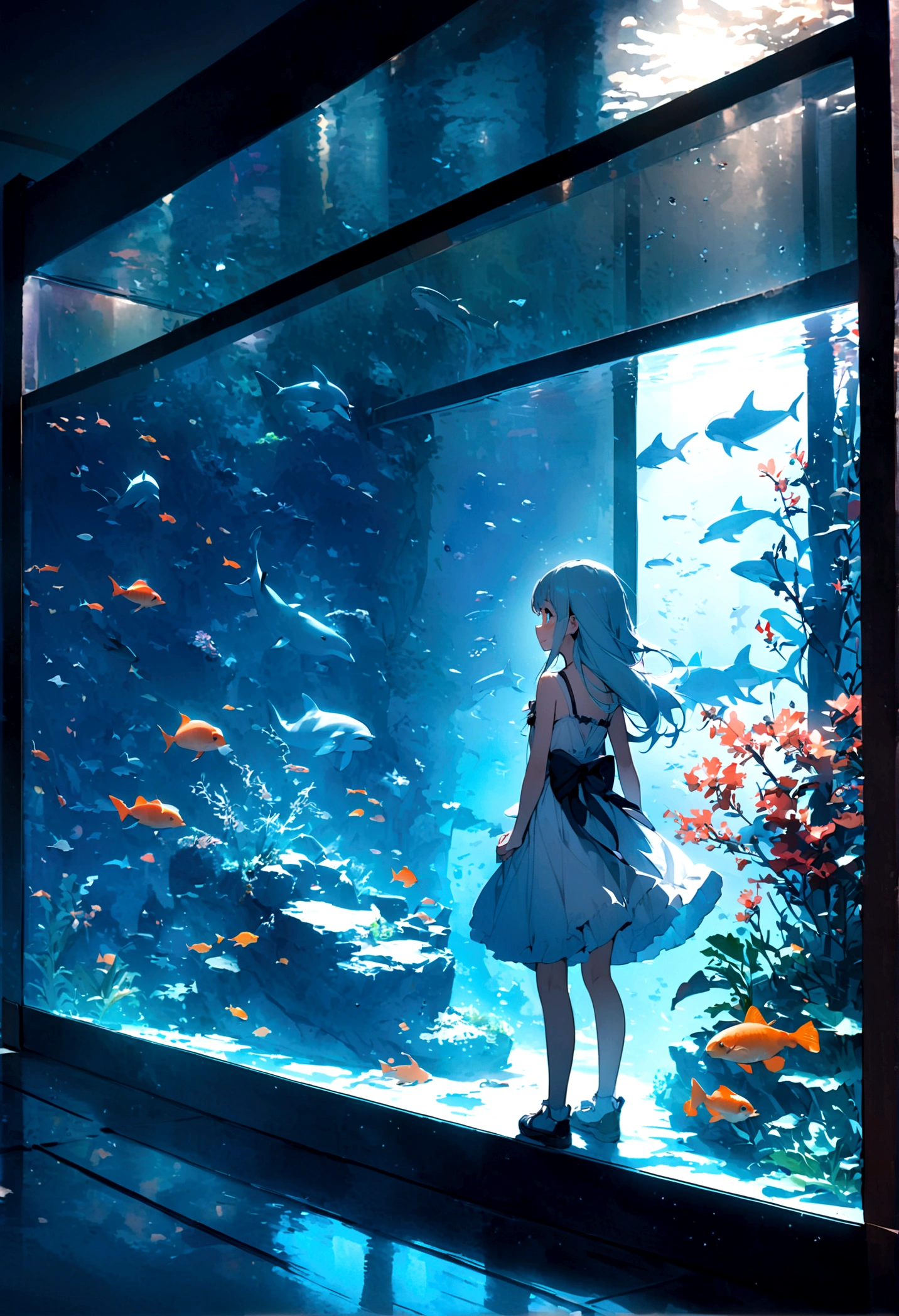masterpiece, best quality, extremely detailed, (illustration, official art:1.1), 1 girl ,(((( light blue long hair)))), ,(((( light blue long hair)))),light blue hair, , long hair ((blush)) , cute face, big eyes, masterpiece, best quality,(((((a very delicate and beautiful girl))))),Amazing,beautiful detailed eyes,blunt bangs((((little delicate girl)))),tareme(true beautiful:1.2), sense of depth,dynamic angle,,,, affectionate smile, (true beautiful:1.2),,(tiny 1girl model:1.2),)(flat chest),aquarium、A girl standing in front of a huge aquarium、Large single glass aquarium、Dimly lit interior、Quiet atmosphere、Girl looking up at a fish tank、There is a girl in the center、Angle of view from the rear、A tank much taller than the girl、Dolphin tank、A very wide aquarium