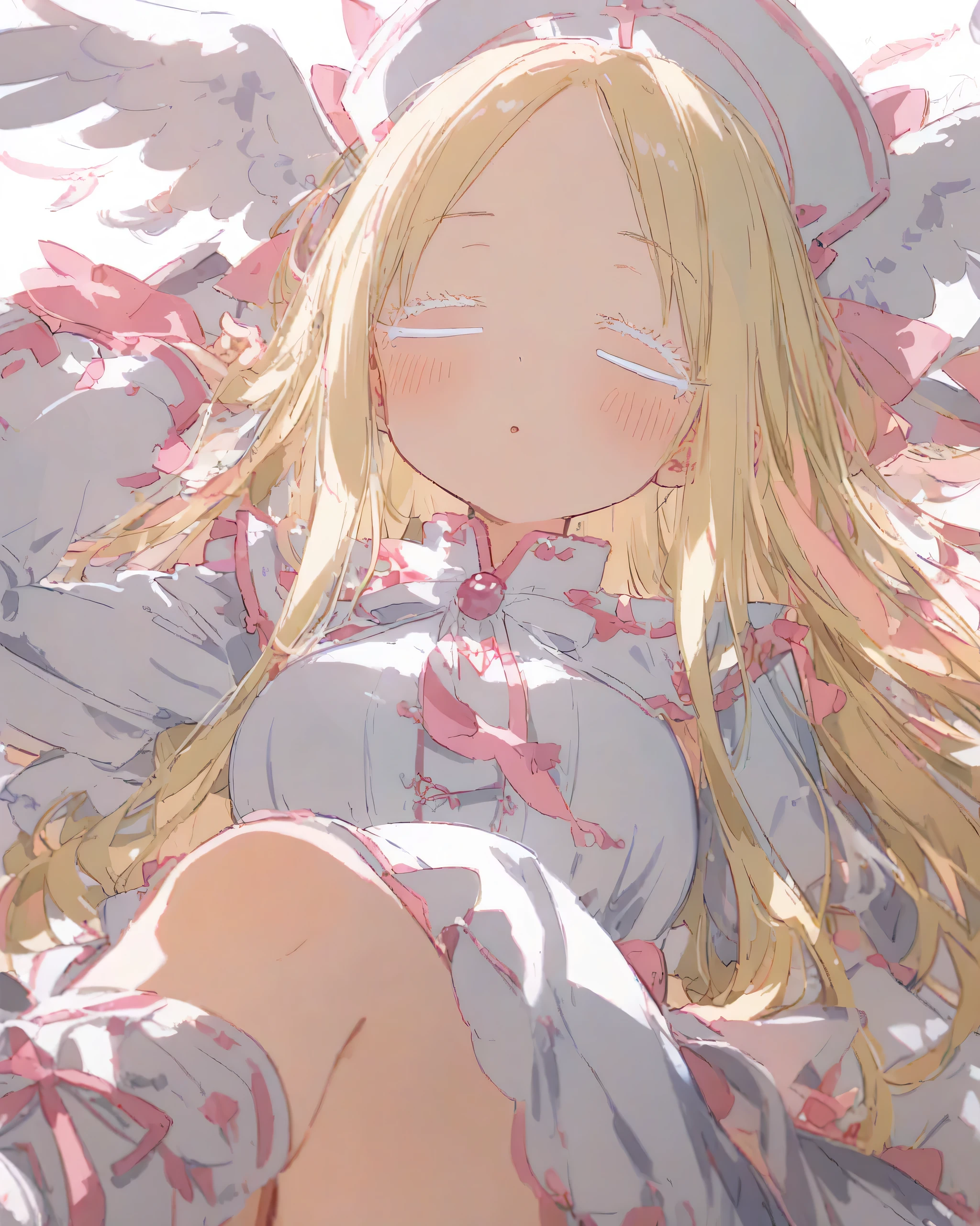 score_9, anime_Coloring, One girl, Angel, Angel girl, Pink Healer Uniform, Priestessess, skirt, Knee socks, Short lace-up boots, Angel wings, Medium Long Hair, Long sleeve, Blonde long-haired, (close your eyes, Hollow Eyes, Long lower eyelashes:1.2), Lie in, Sleep, inner thigh, Large Breasts, Open your mouth, blush, Simple Background, Feathers fluttering, from the front