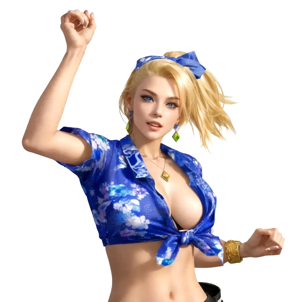 a close up of a blonde girl with a shirt, rejoycing pose, she's American, blue eyes, as a character in Out Run 2, of SEGA, 3D CG, Clarissa, 2k, 2 k, she has three GOLD bracelets on her left wrist, she has mouth wide open as to joyfully shout "hooray!", realistic, render of april, fighting game character, nina from tekken, shirt has some hawaiaan motif on it, she has a foulard tied over her head like a ribbon, she wears no bra, she has a golden necklace with a jade stone, jade drop earrings