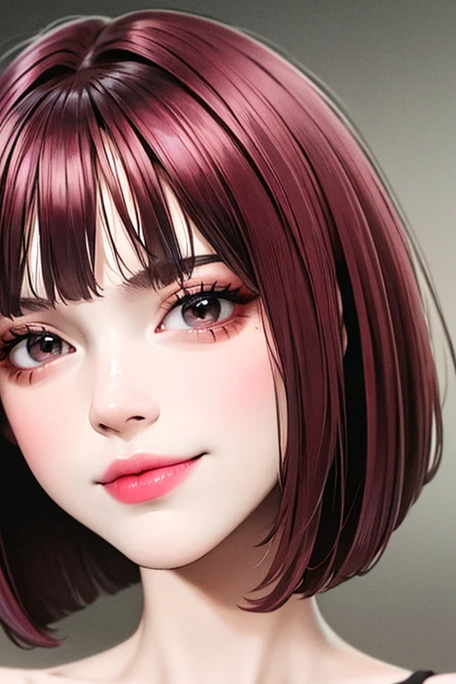 cheered up:1.2), (Best Quality:1.1), (Masterpiece:1.1), (absurdities:1.0), portrait, close up, 1 girl, inform disability , bob cut to below the shoulder, burgundy hair, Brown eyes, hits, blunt hits rubor, SMILE, happy, beautiful, endearing,