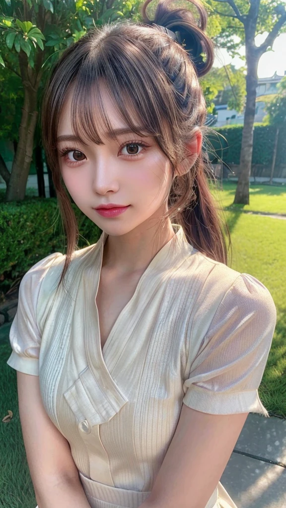 One piece with collar,outdoors,Urban Park,On the lawn,Ultra-detailed, finely detail, hight resolution, 8K Wallpaper, Perfect dynamic composition, Beautiful detailed eyes,Outdoor,Close-up of face,Outdoor,Blushing,Facing forward,,Long hair ponytail,((8k, Raw photo, Best Quality, Mastepiece:1.2), (Realism, Photorealistic:1.4), (Highly detailed 8K wallpapers), Depth of written boundary, Cinematic Lighting, Soft Light, Detailed Beauty Eye,Shiny and smooth light brown ponytail, Asymmetrical bangs, Shiny skin, Ultra-detailed skins ,It is high resolution., High detail, Detailed hairstyle, Detailed facial beauty, Hyper-realistic, Perfect limbs, Perfect Anatomy ,1 Japanese girl,Famous Japanese Idols, Perfect female body,A shy smile,Short eyelashes,Double-edged eyelids,Look straight here,Hair style: ponytail,