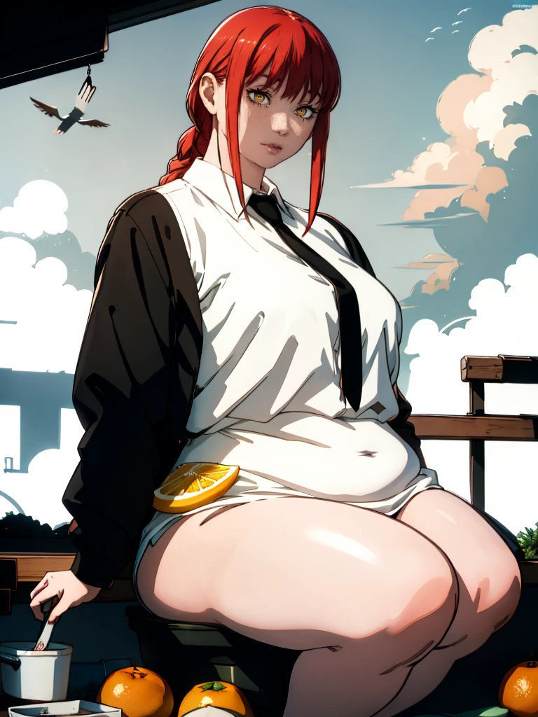 Le personnage Makima de la série animée Chainsaw Man, fragile, obésité morbide, ssbbw, pleine longueur (corps entier 1.1.), fond sombre, obscurité, anatomie correcte 1.1, anatomie correcte de la main, Très féminin, corps gras et rond, grosses Jambes, fesses, beau corps obèse, ventre rond et mou très gras, cheveux roux, Yeux oranges, Cercles rouges pour les écoliers, chemise blanche, jupe noire, cravate noire, pose sexy, réaliste, very détaillé, beau corps, détaillé body, détaillé hands, détaillé, vibrant, détaillé Face, Conception des personnages de Makima. very détaillé, détaillé body, détaillé hands, détaillé Face, Art animé, Hugh Détails, Visage très abattu, détaillé eyes, Illustration ultra fine, Meilleure ombre, détail fin, beautiful détaillé glow, beautiful détaillé, Extraordinairement beau, extremely détaillé, inexpressif, composition épique, Style animé. art animé, Style animé. Jupe noire, chemise blanche, cravatte, pose sexy, visage gras et bouffis et double menton