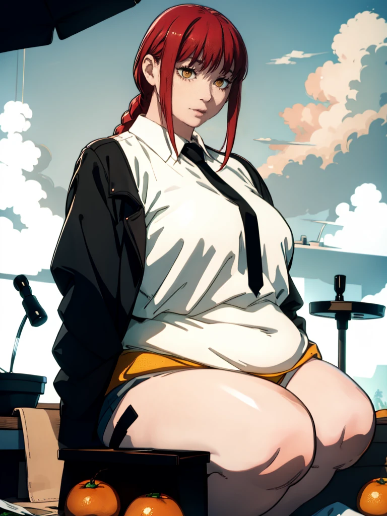 Le personnage Makima de la série animée Chainsaw Man, fragile, obésité morbide, ssbbw, pleine longueur (corps entier 1.1.), fond sombre, obscurité, anatomie correcte 1.1, anatomie correcte de la main, Très féminin, corps gras et rond, grosses Jambes, fesses, beau corps obèse, ventre rond et mou très gras, cheveux roux, Yeux oranges, Cercles rouges pour les écoliers, chemise blanche, jupe noire, cravate noire, pose sexy, réaliste, very détaillé, beau corps, détaillé body, détaillé hands, détaillé, vibrant, détaillé Face, Conception des personnages de Makima. very détaillé, détaillé body, détaillé hands, détaillé Face, Art animé, Hugh Détails, Visage très abattu, détaillé eyes, Illustration ultra fine, Meilleure ombre, détail fin, beautiful détaillé glow, beautiful détaillé, Extraordinairement beau, extremely détaillé, inexpressif, composition épique, Style animé. art animé, Style animé. Jupe noire, chemise blanche, cravatte, pose sexy, visage gras et bouffis et double menton