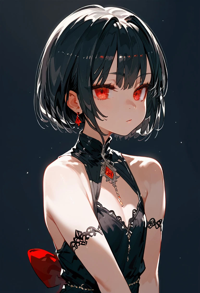 Black hair, red eyes, black dress, lowering her arms