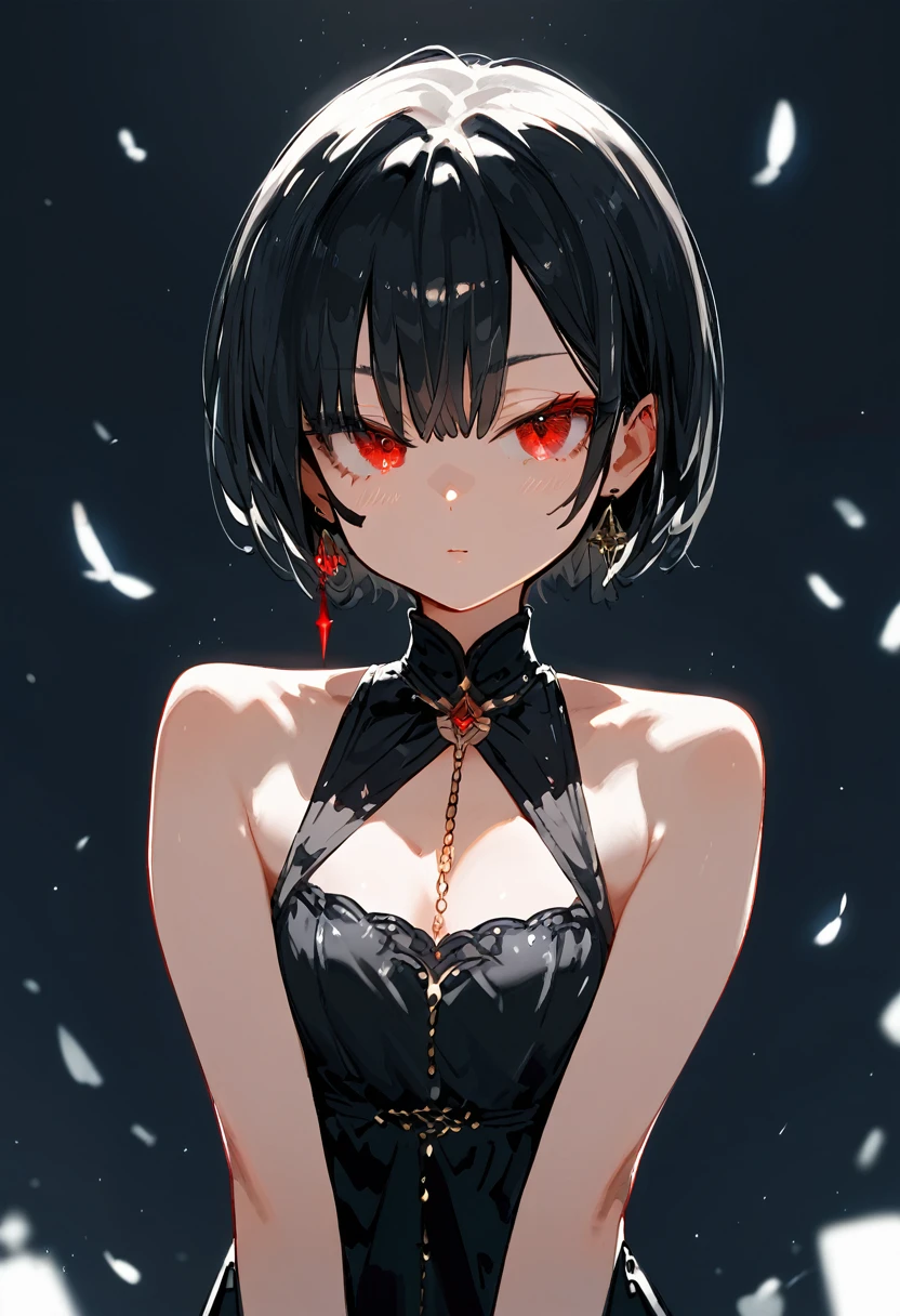 Black hair, red eyes, black dress, lowering her arms