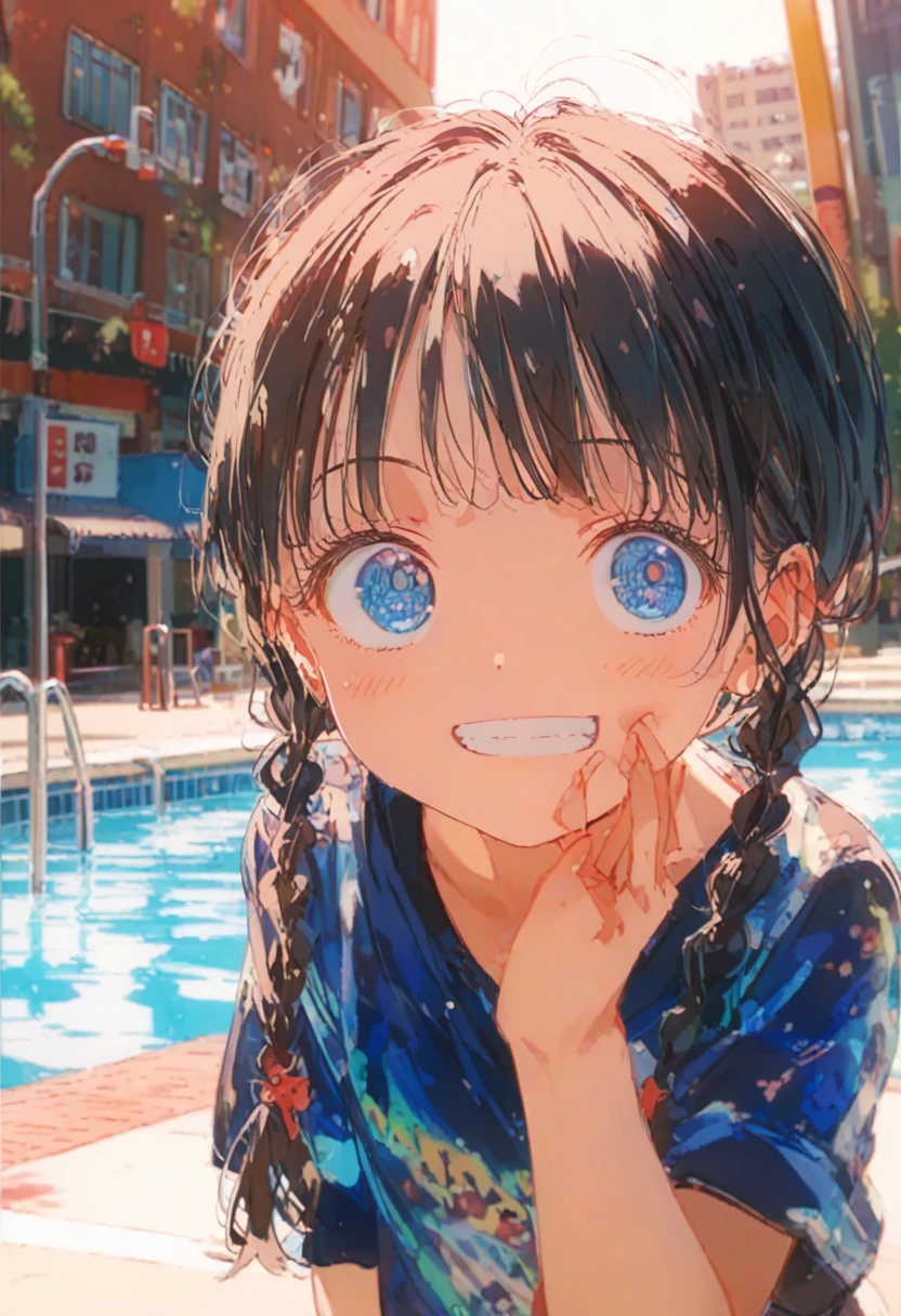 1 Female\(prince,cute,cute,20-year-old,Long braids,Black Hair,Eye color: Ocean Blue,、Neon color、Big eyes,Dynamic pose,,Loose-lipped,Wearing a beautiful lace dress,Poolside、Shiny Pool、My reflection in the pool with the sun reflecting off,Scared,Playfully、panic、smile、Bitter smile、Confused,(Grab her throat),avert your eyes,look up\), break ,background\(city,coastal\), break ,quality\(8K,非常に精細なCGユニットのwallpaper, masterpiece,High resolution,top-quality,top-quality real texture skin,Surreal,Increase the resolution,RAW Photos,最高quality,Very detailed,wallpaper,Cinema Lighting,Ray-tracing,Golden Ratio\),[Browsing Caution]