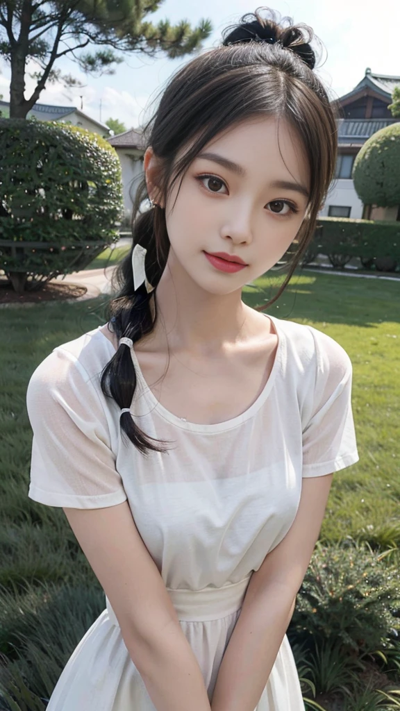 collared dress,european city park,On the lawn,One woman,masutepiece, The highest image quality, High quality, the background is clear,Beautiful woman, Japanese,Ultra-detailed, finely detail, hight resolution, 8K Wallpaper, Perfect dynamic composition, Beautiful detailed eyes , Detailed, Detailed eyes, Detailed skin, Beautiful skin, 超hight resolution, (reality: 1.4),Very beautiful woman, Slightly younger face, Beautiful skin, slender, (Ultra photo realsisim), (hight resolution), (8K), (Very detailed) (beautifully detailed eyes), (super detailed), (Detailed face), view the viewer, Fine details, Detailed face, Staring straight ahead, Staring straight ahead, photos realistic, Bright lighting, Professional Lighting, Black hair,poneyTail,a baby face,sixteen years old,Hairstyle: ponytail,Long ponytail hairstyle,slight smile,neat and tidy clothing,Beautiful Japanese KPOP idol photo, hair style is ponytail, my eyes are double and wide, baby face, smile and look straight ahead, slender, small breasts,Close up face,