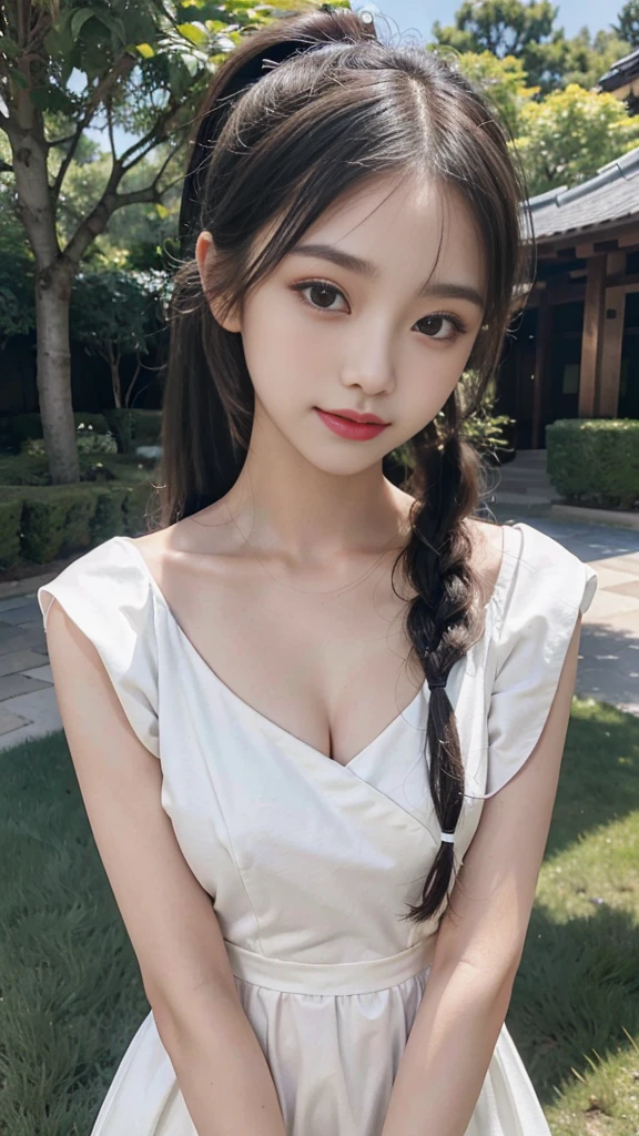 collared dress,european city park,On the lawn,One woman,masutepiece, The highest image quality, High quality, the background is clear,Beautiful woman, Japanese,Ultra-detailed, finely detail, hight resolution, 8K Wallpaper, Perfect dynamic composition, Beautiful detailed eyes , Detailed, Detailed eyes, Detailed skin, Beautiful skin, 超hight resolution, (reality: 1.4),Very beautiful woman, Slightly younger face, Beautiful skin, slender, (Ultra photo realsisim), (hight resolution), (8K), (Very detailed) (beautifully detailed eyes), (super detailed), (Detailed face), view the viewer, Fine details, Detailed face, Staring straight ahead, Staring straight ahead, photos realistic, Bright lighting, Professional Lighting, Black hair,poneyTail,a baby face,sixteen years old,Hairstyle: ponytail,Long ponytail hairstyle,slight smile,neat and tidy clothing,Beautiful Japanese KPOP idol photo, hair style is ponytail, my eyes are double and wide, baby face, smile and look straight ahead, slender, small breasts,Close up face,