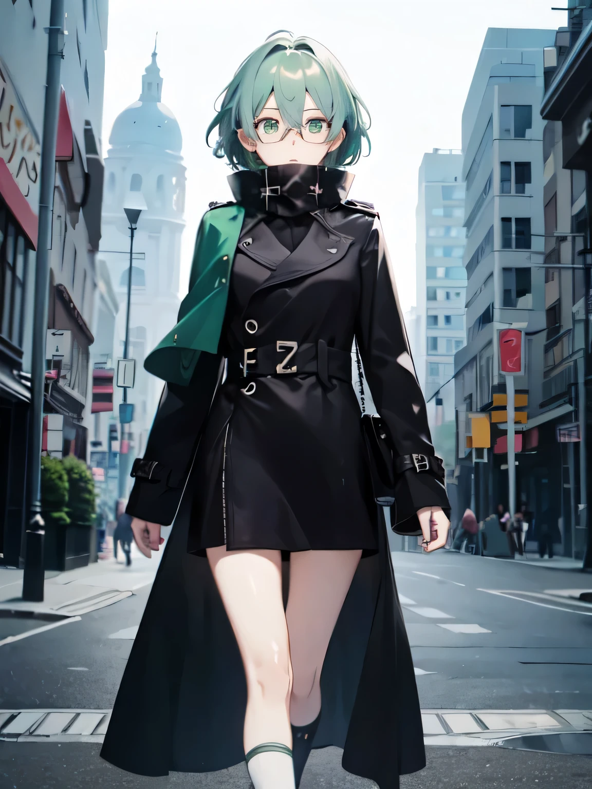 masterpiece, Best quality, A high resolution, 1 girl, short green pastel hair, glasses, Black Armor, long scarf, black raincoat, eating disorder