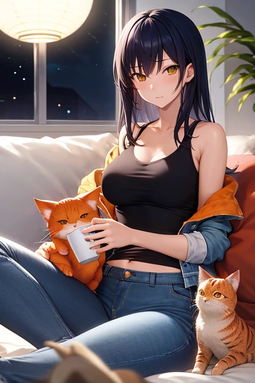 25-year-old anime girl in a white tank top, tight blue jeans and a short denim jacket in a landscape of a luxurious apartment with an orange cat on her lap and night view with a cup of tea in hand and playing with a ball of wool and a plant in the corner