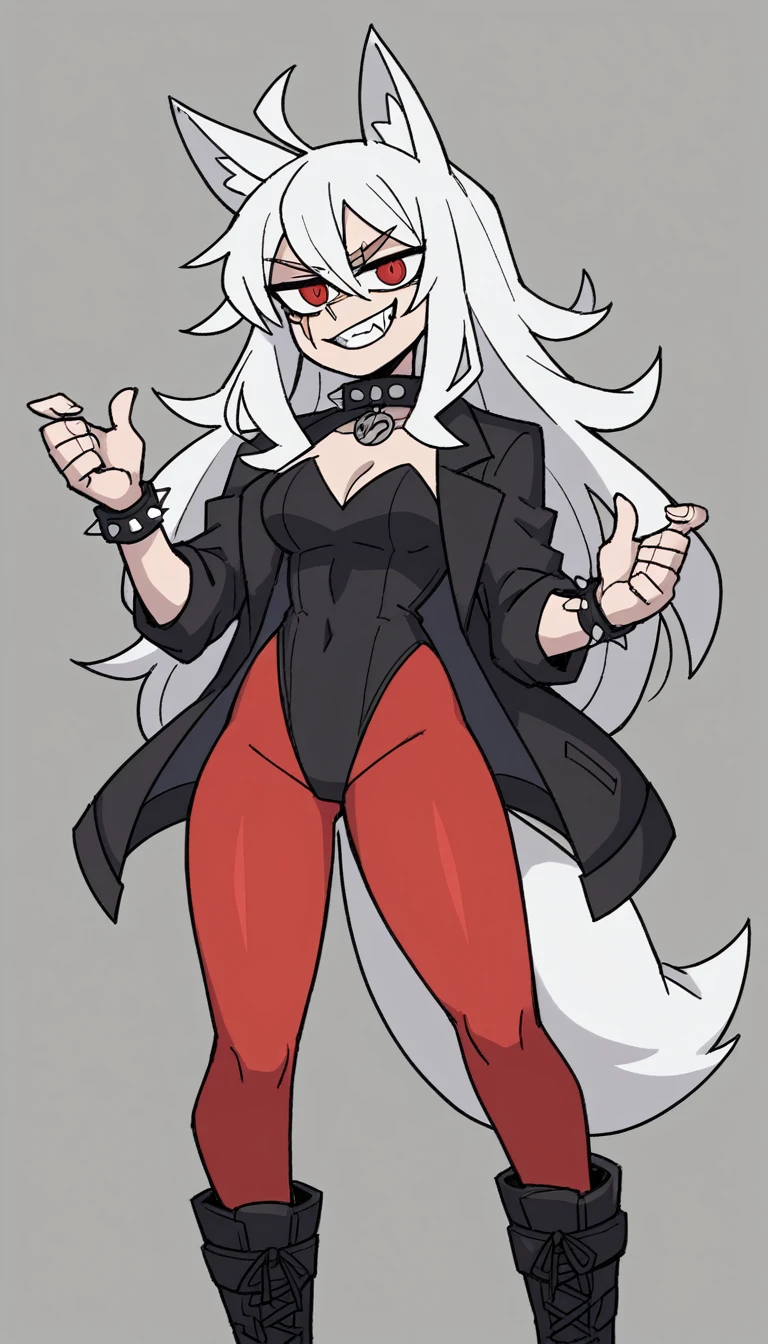 zPDXL, score_9, score_8_up, score_7_up, source_anime, 8k, absurdres, 1girl, solo,  vanitaker, white hair, long hair, white Fox ears, white Fox tail, red pantyhose, black jacket, black leotard, black boots, leotard under jacket, red eyes, fangs teeth, gray background, standing, half-closed eyes, smug smile, looking at the viewer, spiked wristband, spiked collar, hands on hips