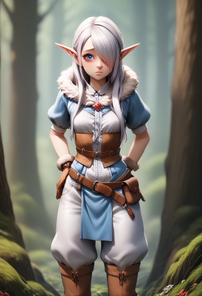 ((Best Quality)), (Masterpiece)), (Details: 1.4), Absurd Resolution, High Resolution, (Masterpiece: 1.4), Ultra Detailed, detailed gnome girl with pale skin, short stature, and very long silver hair that curls at the ends, covering one eye, with small breasts, pouty lips, and bright blue anime-style eyes with long lashes, wearing a corset, white puffy long sleeved shirt, and puffy cloth pants, leather bound boots, set in a windy fantasy landscape, (best quality,4k,8k,highres,masterpiece:1.2),ultra-detailed, dungeons and dragons, long elf ears, small girl, detailed skin and cloth textures, cute detailed face, intricate details, extremely detailed, 1girl, dynamic pose with hair covering one eye, shy personality, puffy cloth pants with leather belt, detailed privateer outfit, detailed buccaneer outfit, pouch on belt, wearing ornate leather armor with fur trim, silver inlay detail, wearing fur trimmed boots, wearing fur trimmed gloves, short, short height, halfing girl, small girl, lots of hair