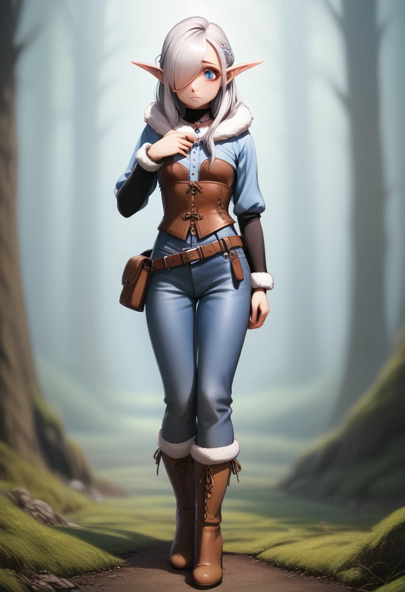 ((Best Quality)), (Masterpiece)), (Details: 1.4), Absurd Resolution, High Resolution, (Masterpiece: 1.4), Ultra Detailed, detailed gnome girl with pale skin, short stature, and very long silver hair that curls at the ends, covering one eye, with small breasts, pouty lips, and bright blue anime-style eyes with long lashes, wearing a corset, white puffy long sleeved shirt, and puffy cloth pants, leather bound boots, set in a windy fantasy landscape, (best quality,4k,8k,highres,masterpiece:1.2),ultra-detailed, dungeons and dragons, long elf ears, small girl, detailed skin and cloth textures, cute detailed face, intricate details, extremely detailed, 1girl, dynamic pose with hair covering one eye, shy personality, puffy cloth pants with leather belt, detailed privateer outfit, detailed buccaneer outfit, pouch on belt, wearing ornate leather armor with fur trim, silver inlay detail, wearing fur trimmed boots, wearing fur trimmed gloves, short, short height, halfing girl, small girl, lots of hair