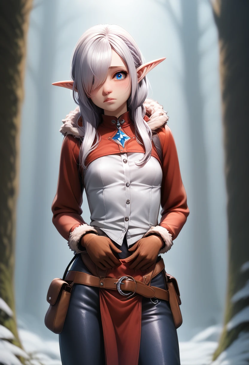((Best Quality)), (Masterpiece)), (Details: 1.4), Absurd Resolution, High Resolution, (Masterpiece: 1.4), Ultra Detailed, detailed gnome girl with pale skin, short stature, and very long silver hair that curls at the ends, covering one eye, with small breasts, pouty lips, and bright blue anime-style eyes with long lashes, wearing a corset, white puffy long sleeved shirt, and puffy cloth pants, leather bound boots, set in a windy fantasy landscape, (best quality,4k,8k,highres,masterpiece:1.2),ultra-detailed, dungeons and dragons, long elf ears, small girl, detailed skin and cloth textures, cute detailed face, intricate details, extremely detailed, 1girl, dynamic pose with hair covering one eye, shy personality, puffy cloth pants with leather belt, detailed privateer outfit, detailed buccaneer outfit, pouch on belt, wearing ornate leather armor with fur trim, silver inlay detail, wearing fur trimmed boots, wearing fur trimmed gloves, short, short height, halfing girl, small girl, lots of hair