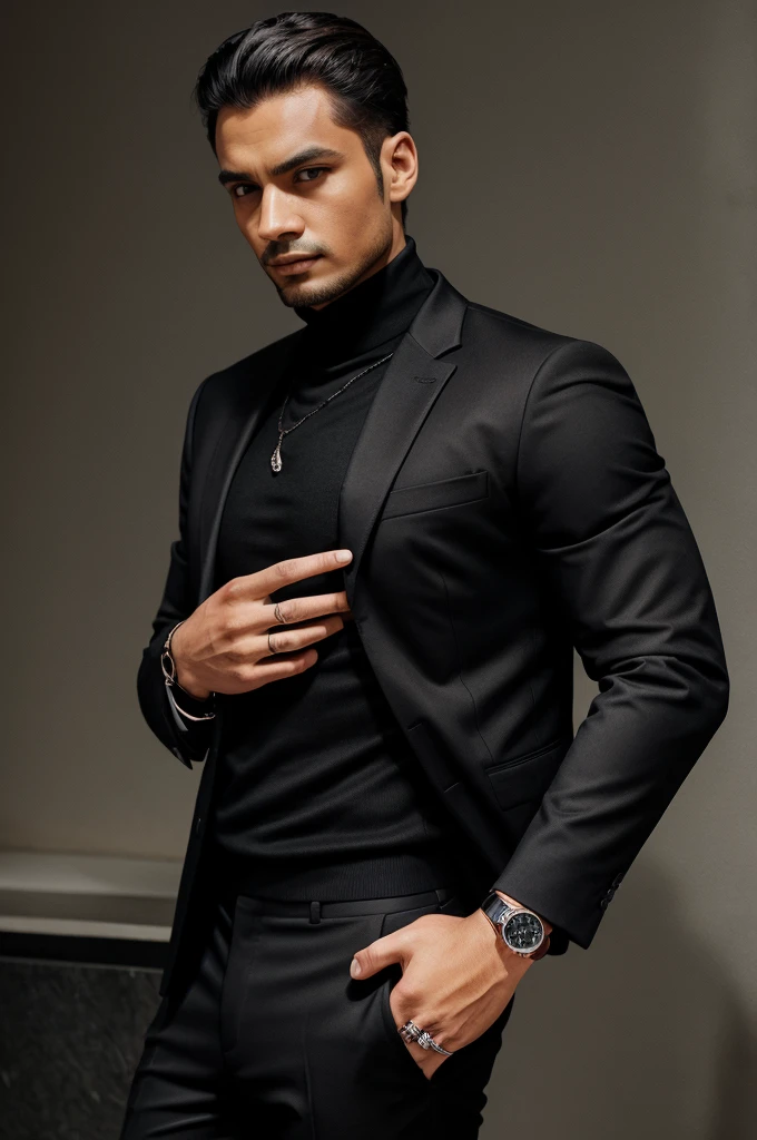 A man in a black turtle neck and wearing a black blazer and trouser wearing a steel watch and a platinum ring 