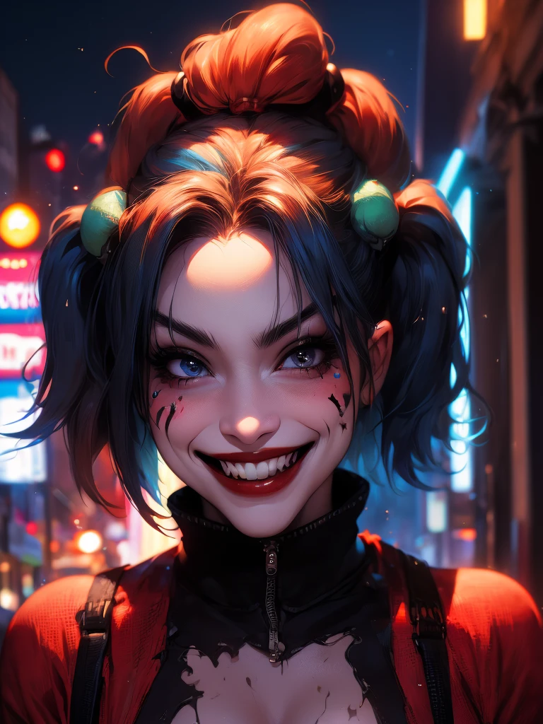Harley Quinn in the street, (masterpiece, best quality, highres, ultra detailed ), night , depth of field with a smile face
