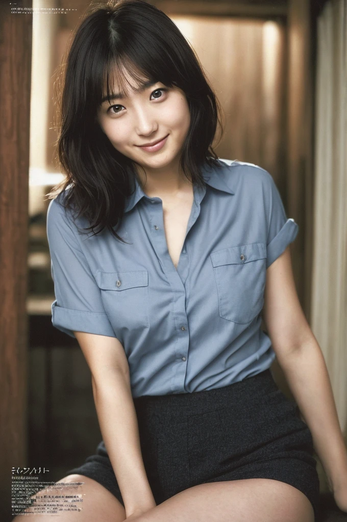 (((One girl,alone))),(Highly realistic photos, High resolution, Detailed face, Beautiful Eyes) Japanese women, 21 years old, Cute face, alone:1, Nice body, Plump figure, Medium chest, ,Hairstyle, Very closely tied, Take a photo book,Thighs、Dark Sky、darkness、Blade Runner,shirt、Leg spread,Healthy Body,smile