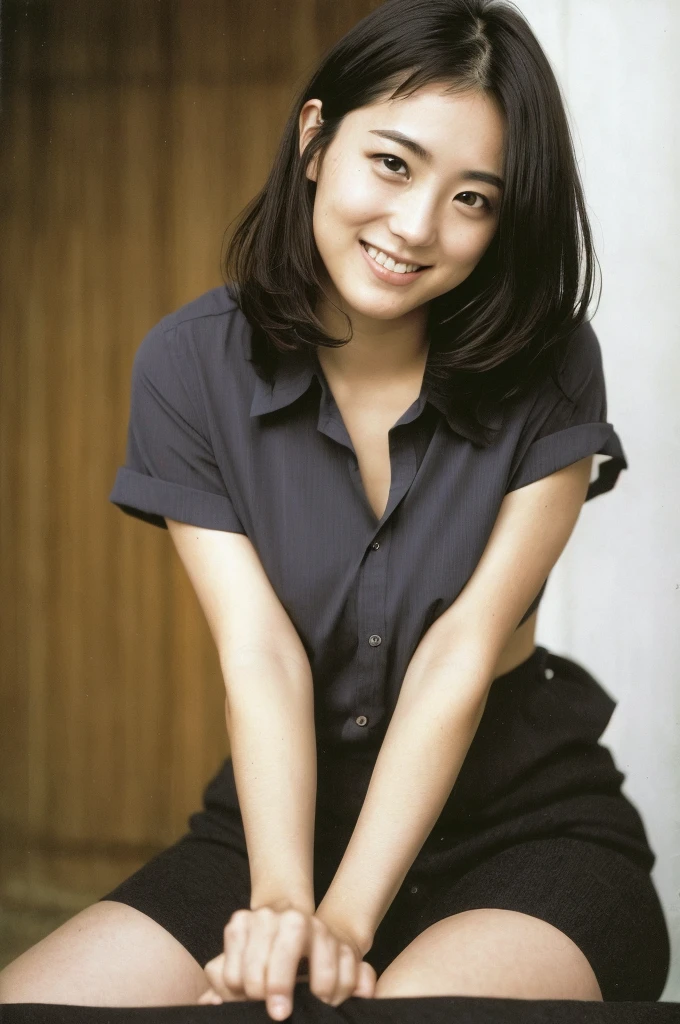 (((One girl,alone))),(Highly realistic photos, High resolution, Detailed face, Beautiful Eyes) Japanese women, 21 years old, Cute face, alone:1, Nice body, Plump figure, Medium chest, ,Hairstyle, Very closely tied, Take a photo book,Thighs、Dark Sky、darkness、Blade Runner,shirt、Leg spread,Healthy Body,smile