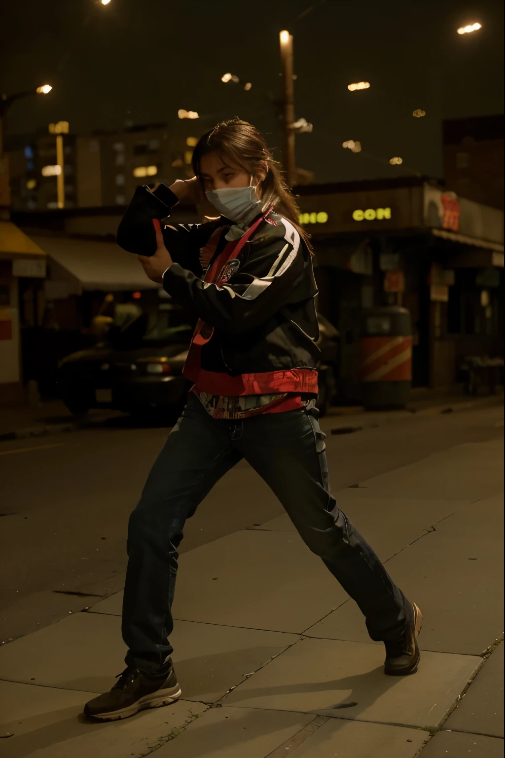 (Best quality, 8k, 32k, Masterpiece, UHD:1.2), "Transform the scene into a deserted urban street from 90s Japan, capturing the essence of the era's bustling cityscape, now eerily quiet and devoid of crowds. Picture a narrow street lined with mid-rise buildings that house a mix of small businesses and residential apartments. The architecture is a blend of concrete and glass, with faded advertisements and neon signs adorning the facades.

The pavement is well-worn, with a few cracks and patches of discoloration, reflecting years of use. Along the sides of the street, you can see old vending machines offering a variety of drinks and snacks, their lights still flickering in the dim light of early evening. Payphones stand as relics of a pre-digital age, and parked cars from the 90s add to the nostalgic feel.

The storefronts are closed, with metal shutters pulled down, some covered in graffiti. Above, a web of power lines and cables crisscrosses the sky, hanging between utility poles and buildings. Streetlights cast a soft, amber glow, illuminating the empty sidewalk and creating long shadows that stretch across the street.

Billboards advertising popular products and events from the 90s can be seen on the sides of buildings, their colors slightly faded by time. The atmosphere is quiet, almost serene, with the faint hum of distant traffic and the occasional sound of a passing train echoing through the urban canyon.

This setting should evoke a sense of nostalgia and stillness, transporting the viewer to a time when the city was alive with activity, now paused in a moment of calm and reflection."