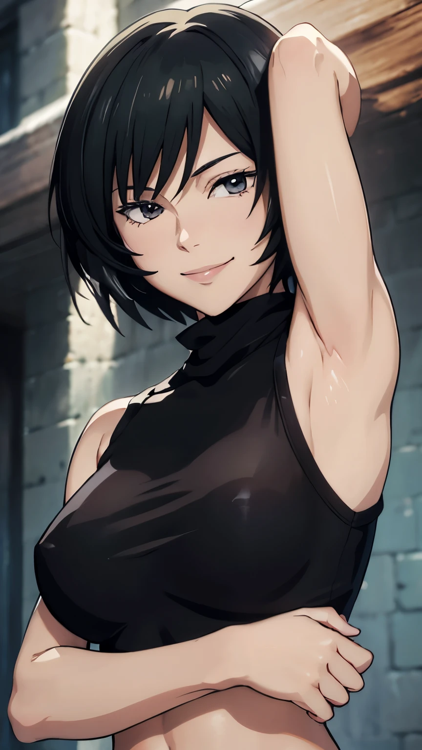 Mai, Portrait, masterpiece, 8k, ultra high quality, ultra realistic, ultra high definition, anime art, smiling, cute, seductive, armpits visible, detailed armpits, turtleneck, black croptop, no bra