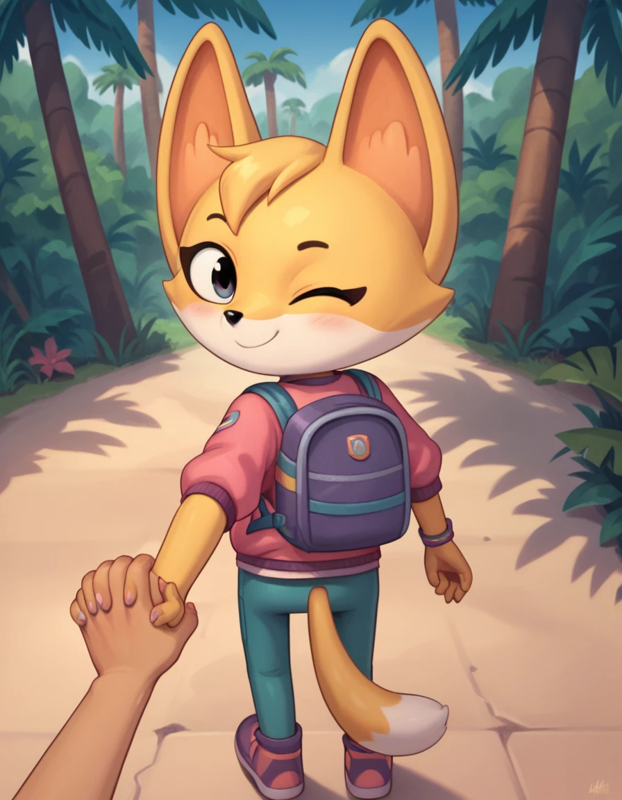 score_9, score_8_up, score_7_up, score_6_up, score_5_up, score_4_up, kit casey, fox, anthro, female, furry, blush, looking back, looking at viewer, pink jacket, backpack, one eye closed, wink, winking, smile, standing, jungle, outdoors, detailed background, walking, first person view, rear view, from behind, reaching back, reaching behind, handholding, human pov, high angle view, high angle shot