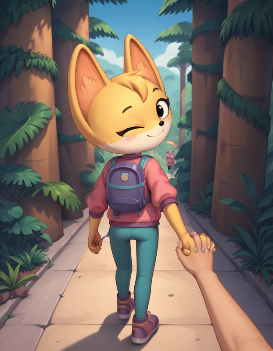 score_9, score_8_up, score_7_up, score_6_up, score_5_up, score_4_up, kit casey, fox, anthro, female, furry, blush, looking back, looking at viewer, pink jacket, backpack, one eye closed, wink, winking, smile, standing, jungle, outdoors, detailed background, walking, first person view, rear view, from behind, reaching back, reaching behind, handholding, human pov, high angle view, high angle shot