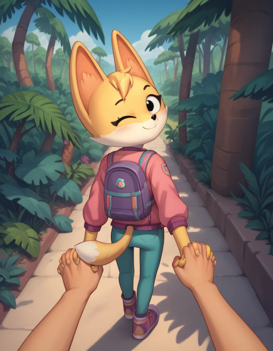 score_9, score_8_up, score_7_up, score_6_up, score_5_up, score_4_up, kit casey, fox, anthro, female, furry, blush, looking back, looking at viewer, pink jacket, backpack, one eye closed, wink, winking, smile, standing, jungle, outdoors, detailed background, walking, first person view, rear view, from behind, reaching back, reaching behind, handholding, human pov, high angle view, high angle shot