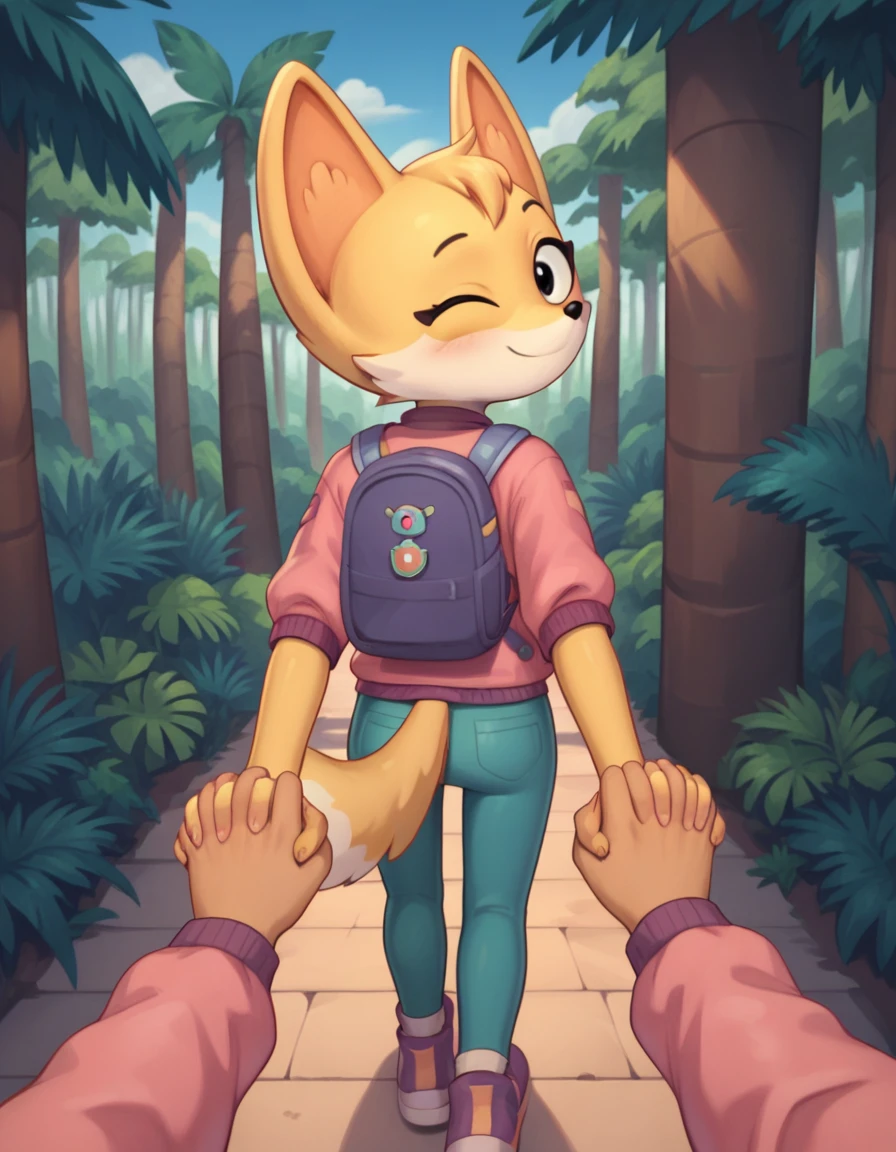 score_9, score_8_up, score_7_up, score_6_up, score_5_up, score_4_up, kit casey, fox, anthro, female, furry, blush, looking back, looking at viewer, pink jacket, backpack, one eye closed, wink, winking, smile, standing, jungle, outdoors, detailed background, walking, first person view, rear view, from behind, reaching back, reaching behind, handholding, human pov, high angle view, high angle shot