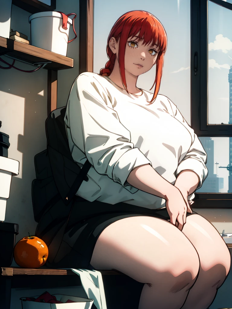 Le personnage Makima de la série animée Chainsaw Man, fragile, obésité morbide, ssbbw, pleine longueur (corps entier 1.1.), fond sombre, obscurité, anatomie correcte 1.1, anatomie correcte de la main, Très féminin, corps gras et rond, grosses Jambes, fesses, beau corps obèse, ventre rond et mou très gras, cheveux roux, Yeux oranges, Cercles rouges pour les écoliers, chemise blanche, jupe noire, cravate noire, pose sexy, réaliste, very détaillé, beau corps, détaillé body, détaillé hands, détaillé, vibrant, détaillé Face, Conception des personnages de Makima. very détaillé, détaillé body, détaillé hands, détaillé Face, Art animé, Hugh Détails, Visage très abattu, détaillé eyes, Illustration ultra fine, Meilleure ombre, détail fin, beautiful détaillé glow, beautiful détaillé, Extraordinairement beau, extremely détaillé, inexpressif, composition épique, Style animé. art animé, Style animé. Jupe noire, chemise blanche, cravatte, pose sexy