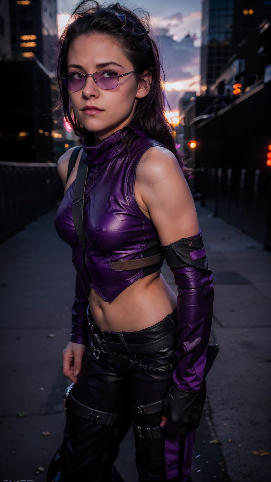(masterpiece), (photorealistic1.4), (1 girl), (solo), (best quality), (epiCRealLife), (Kate Bishop long hair), (sleeveless top), (kateb2023 black utility belt), (kateb2023 purple costume), (purple pants) (kateb2023 purple sleevless bodysuit), (sks woman, Kristen Stewart, white scarf),(white scarf), (kateb2023 purple sunglasses) (bare shoulder), (night time), (kateb2023 wearing black boot), (elbow gloves), (abs), (flash photography), (flashphoto), (outdoor), , (sunset), (look at viewers),(light smile), , standing on new york city rooftop), (from side), (city landscape), (close up)
