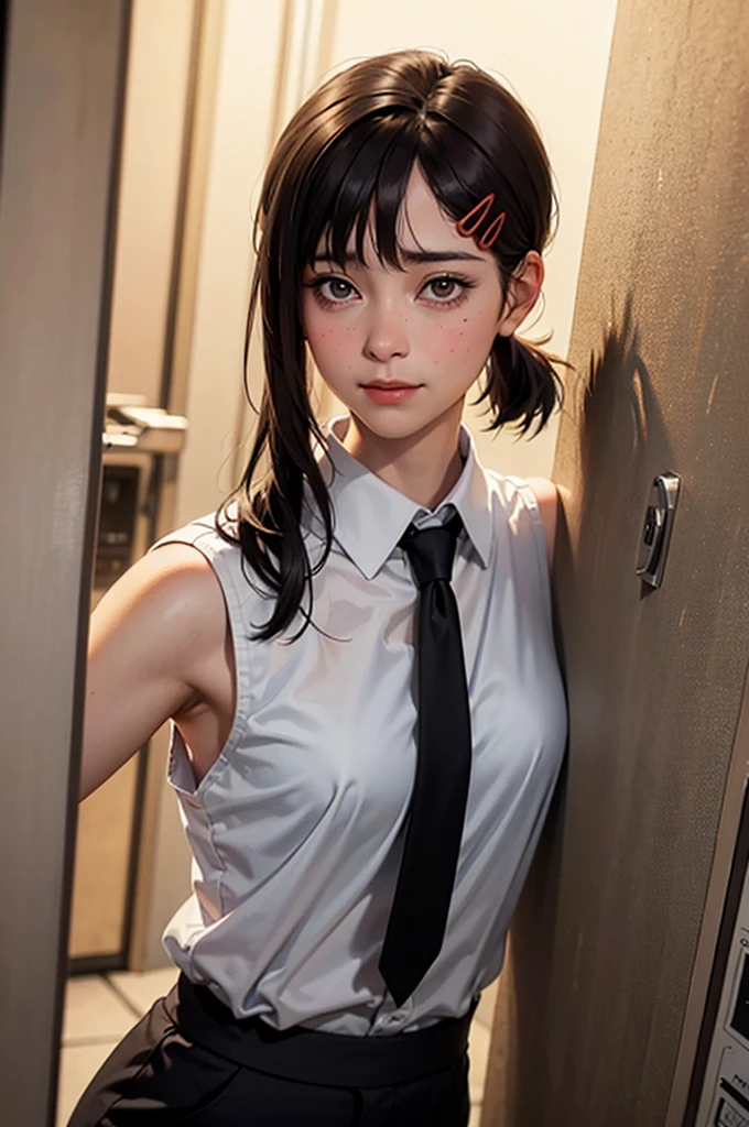 masterpiece, best quality, ultra-detailed, illustration, epic lighting, cinematic composition, isometric, 1girl, solo, cute, brown eyes, black hair, swept bangs, single sidelock, red hairclip, white collared shirt, sleeveless outfit, black necktie, black pants, formal, enchanting gaze, captivating pose, indoors, office, door, opening door, looking at viewer, peeking out upper body, blush, seductive smile, closed mouth,(8k:1.1), armpits visible