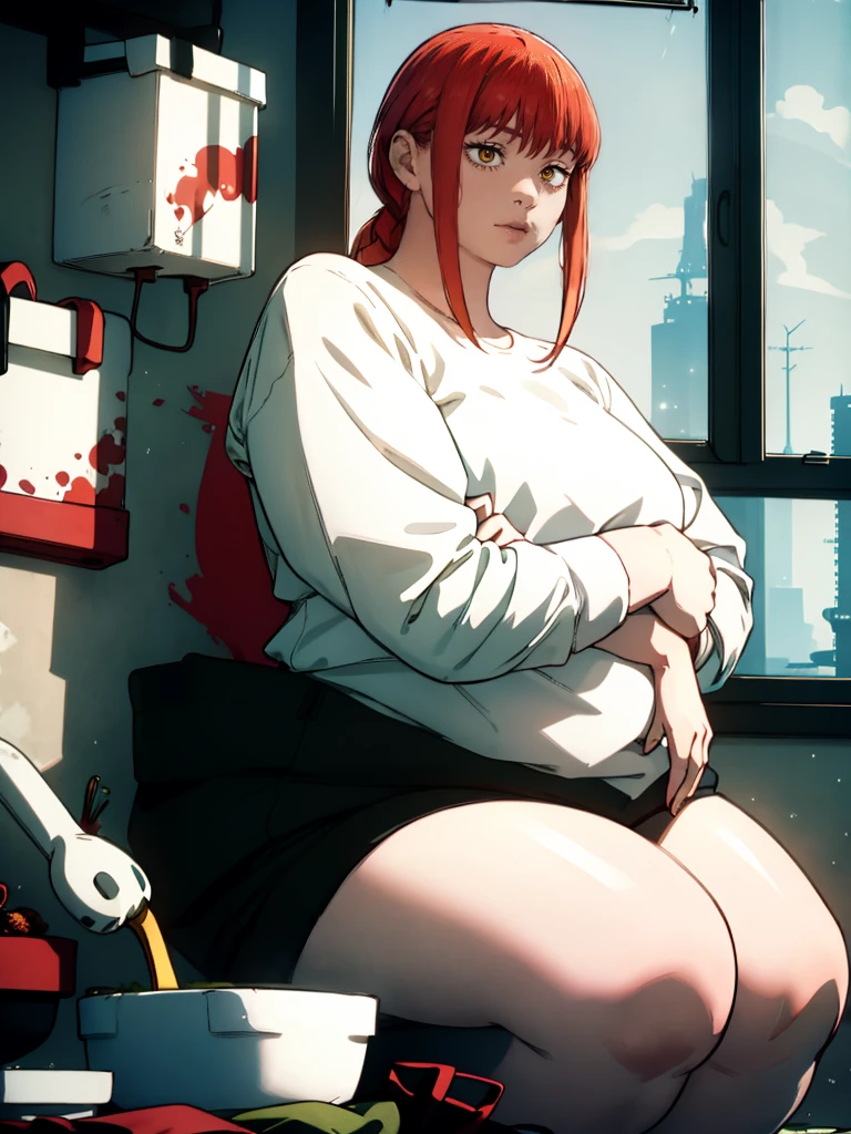 Le personnage Makima de la série animée Chainsaw Man, fragile, obésité morbide, ssbbw, pleine longueur (corps entier 1.1.), fond sombre, obscurité, anatomie correcte 1.1, anatomie correcte de la main, Très féminin, corps gras et rond, grosses Jambes, fesses, beau corps obèse, ventre rond et mou très gras, cheveux roux, Yeux oranges, Cercles rouges pour les écoliers, chemise blanche, jupe noire, cravate noire, pose sexy, réaliste, very détaillé, beau corps, détaillé body, détaillé hands, détaillé, vibrant, détaillé Face, Conception des personnages de Makima. very détaillé, détaillé body, détaillé hands, détaillé Face, Art animé, Hugh Détails, Visage très abattu, détaillé eyes, Illustration ultra fine, Meilleure ombre, détail fin, beautiful détaillé glow, beautiful détaillé, Extraordinairement beau, extremely détaillé, inexpressif, composition épique, Style animé. art animé, Style animé. Jupe noire, chemise blanche, cravatte, pose sexy