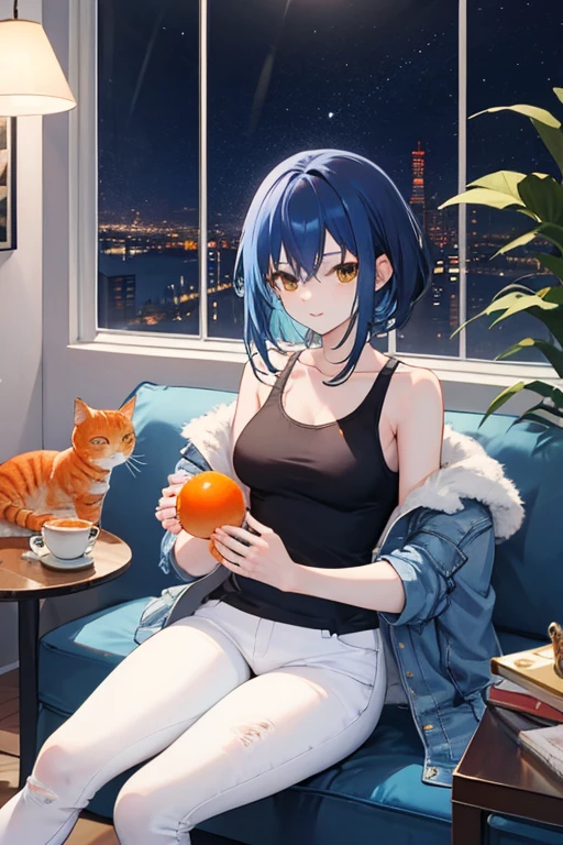 25-year-old anime girl in a white tank top, tight blue jeans and a short denim jacket in a landscape of a luxurious apartment with an orange cat on her lap and night view with a cup of tea in hand and playing with a ball of wool and a plant in the corner