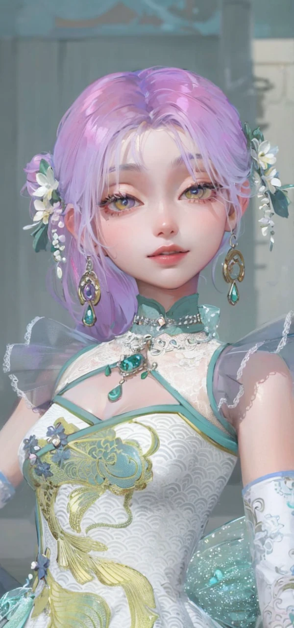 Best quality, masterpiece, purple eyes, high quality hair, purple hair, yellow eyes, high quality eyes