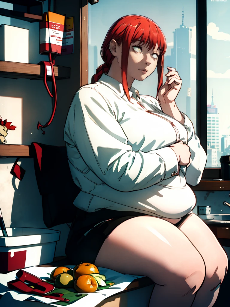 Le personnage Makima de la série animée Chainsaw Man, fragile, obésité morbide, ssbbw, pleine longueur (corps entier 1.1.), fond sombre, obscurité, anatomie correcte 1.1, anatomie correcte de la main, Très féminin, corps gras et rond, grosses Jambes, fesses, beau corps obèse, ventre rond et mou très gras, cheveux roux, Yeux oranges, Cercles rouges pour les écoliers, chemise blanche, jupe noire, cravate noire, pose sexy, réaliste, very détaillé, beau corps, détaillé body, détaillé hands, détaillé, vibrant, détaillé Face, Conception des personnages de Makima. very détaillé, détaillé body, détaillé hands, détaillé Face, Art animé, Hugh Détails, Visage très abattu, détaillé eyes, Illustration ultra fine, Meilleure ombre, détail fin, beautiful détaillé glow, beautiful détaillé, Extraordinairement beau, extremely détaillé, inexpressif, composition épique, Style animé. art animé, Style animé. Jupe noire, chemise blanche, cravatte, pose sexy