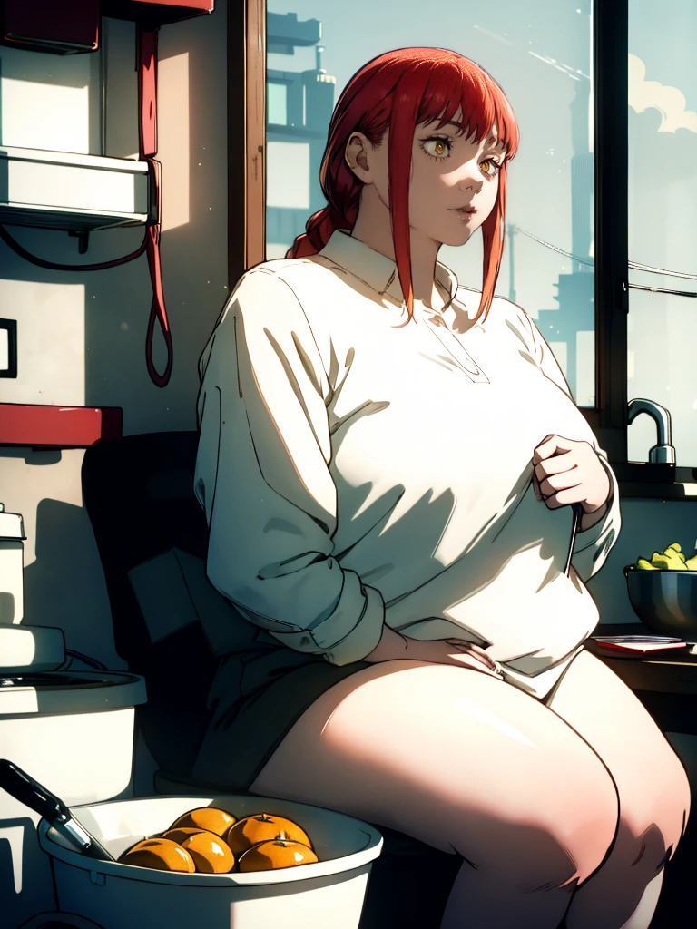 Le personnage Makima de la série animée Chainsaw Man, fragile, obésité morbide, ssbbw, pleine longueur (corps entier 1.1.), fond sombre, obscurité, anatomie correcte 1.1, anatomie correcte de la main, Très féminin, corps gras et rond, grosses Jambes, fesses, beau corps obèse, ventre rond et mou très gras, cheveux roux, Yeux oranges, Cercles rouges pour les écoliers, chemise blanche, jupe noire, cravate noire, pose sexy, réaliste, very détaillé, beau corps, détaillé body, détaillé hands, détaillé, vibrant, détaillé Face, Conception des personnages de Makima. very détaillé, détaillé body, détaillé hands, détaillé Face, Art animé, Hugh Détails, Visage très abattu, détaillé eyes, Illustration ultra fine, Meilleure ombre, détail fin, beautiful détaillé glow, beautiful détaillé, Extraordinairement beau, extremely détaillé, inexpressif, composition épique, Style animé. art animé, Style animé. Jupe noire, chemise blanche, cravatte, pose sexy