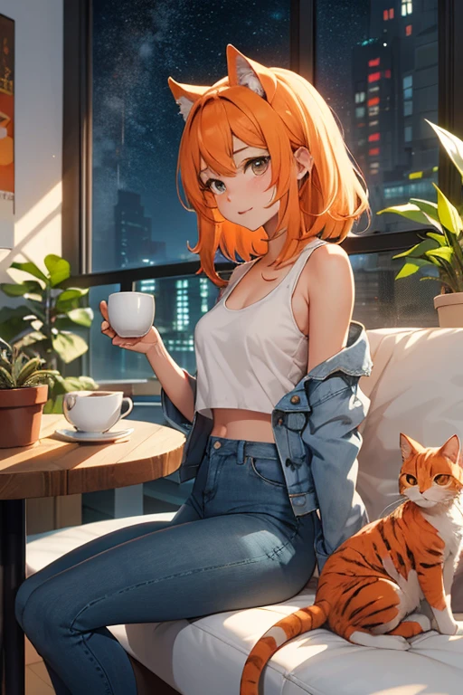 25-year-old anime girl in a white tank top, tight blue jeans and a short denim jacket in a landscape of a luxurious apartment with an orange cat on her lap and night view with a cup of tea in hand and playing with a ball of wool and a plant in the corner