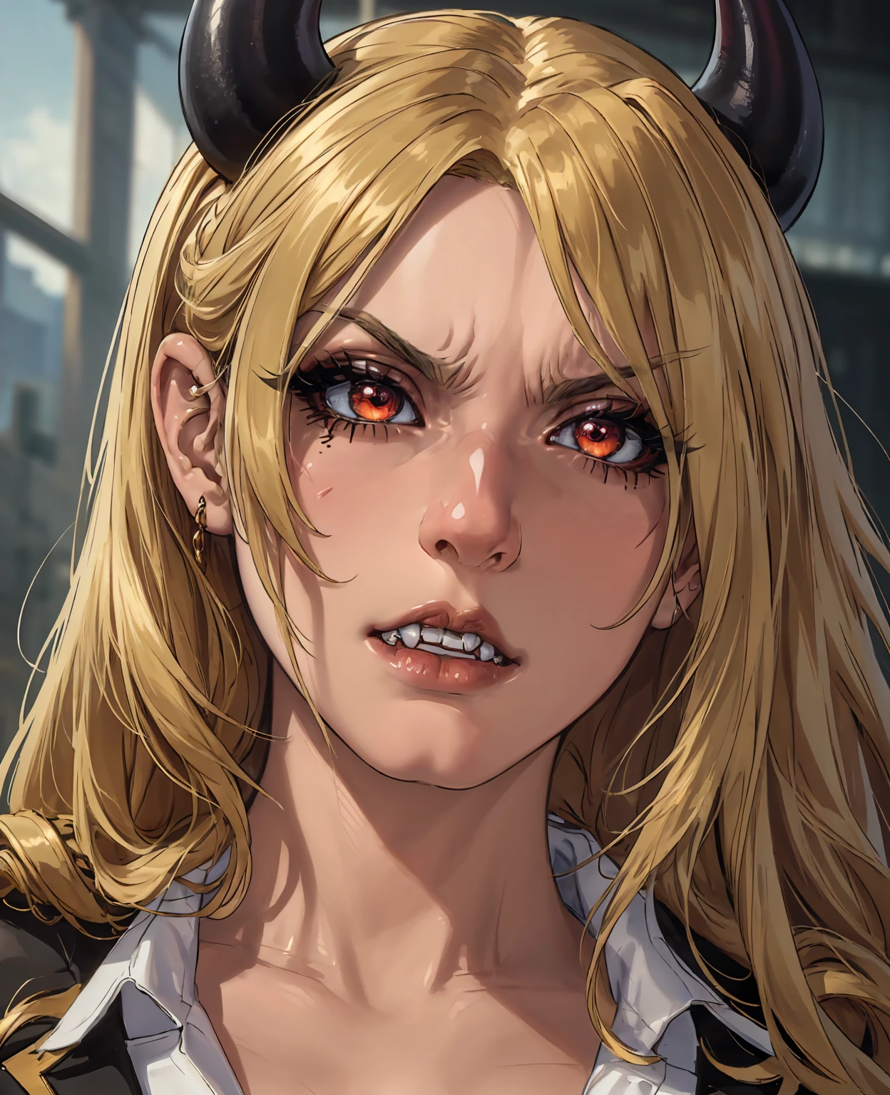 intricate detailed oni demon girl, akemysama, beautiful detailed eyes, beautiful detailed lips, extremely detailed face and features, long eyelashes, horns, fangs, dark fantasy, intricate details, ethereal, striking pose, dynamic action, dramatic lighting, rich colors, cinematic, (best quality,8k,highres,masterpiece:1.2),ultra-detailed,(realistic,photorealistic,photo-realistic:1.37),vibrant colors,dramatic shadows,moody atmosphere