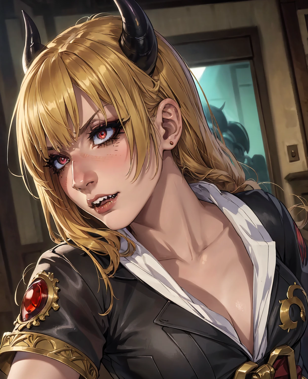 intricate detailed oni demon girl, akemysama, beautiful detailed eyes, beautiful detailed lips, extremely detailed face and features, long eyelashes, horns, fangs, dark fantasy, intricate details, ethereal, striking pose, dynamic action, dramatic lighting, rich colors, cinematic, (best quality,8k,highres,masterpiece:1.2),ultra-detailed,(realistic,photorealistic,photo-realistic:1.37),vibrant colors,dramatic shadows,moody atmosphere