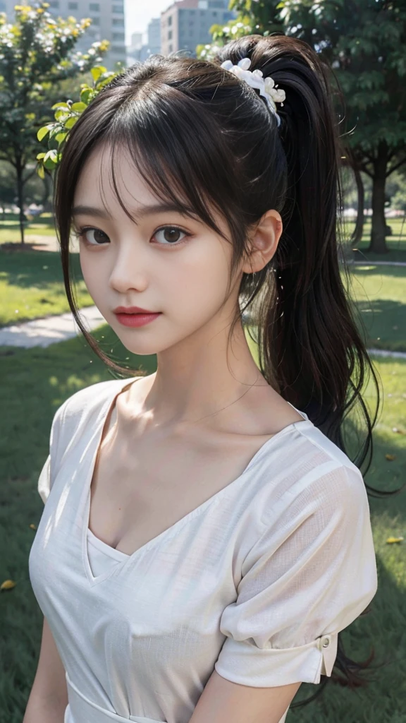 collared dress,european city park,On the lawn,One woman,masutepiece, The highest image quality, High quality, the background is clear,Beautiful woman, Japanese,Ultra-detailed, finely detail, hight resolution, 8K Wallpaper, Perfect dynamic composition, Beautiful detailed eyes , Detailed, Detailed eyes, Detailed skin, Beautiful skin, 超hight resolution, (reality: 1.4),Very beautiful woman, Slightly younger face, Beautiful skin, slender, (Ultra photo realsisim), (hight resolution), (8K), (Very detailed) (beautifully detailed eyes), (super detailed), (Detailed face), view the viewer, Fine details, Detailed face, Staring straight ahead, Staring straight ahead, photos realistic, Bright lighting, Professional Lighting, Black hair,poneyTail,a baby face,sixteen years old,Hairstyle: ponytail,Long ponytail hairstyle,slight smile,neat and tidy clothing,Beautiful Japanese KPOP idol photo, hair style is ponytail, my eyes are double and wide, baby face, smile and look straight ahead, slender, small breasts,Close up face,