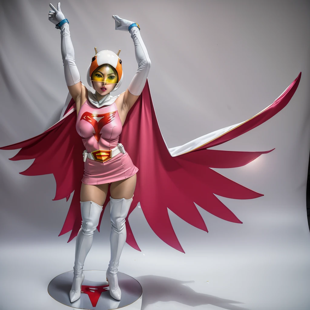 ANI_CLASSIC_jun_gatchaman_ownwaifu,1girl, ,good anatomy, masterpiece, best quality,realistic, hyperrealistic, 16k hdr,breasts,green eyes,lips,large breasts,lipstick,makeup,gloves,cape,helmet,belt,elbow gloves,white gloves,mask,ultra miniskirt,leotard,spacesuit,white tight overknee highheels boots,pink dress,superhero,bodysuit,cleavage,erected nipples,((standing pose,spread legs, arms up straight)),cameltoe