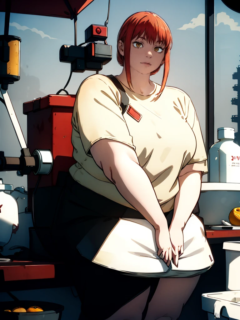 Le personnage Makima de la série animée Chainsaw Man, fragile, obésité morbide, ssbbw, pleine longueur (corps entier 1.1.), fond sombre, obscurité, anatomie correcte 1.1, anatomie correcte de la main, Très féminin, corps gras et rond, grosses Jambes, fesses, beau corps obèse, ventre rond et mou très gras, cheveux roux, Yeux oranges, Cercles rouges pour les écoliers, chemise blanche, jupe noire, cravate noire, pose sexy, réaliste, very détaillé, beau corps, détaillé body, détaillé hands, détaillé, vibrant, détaillé Face, Conception des personnages de Makima. very détaillé, détaillé body, détaillé hands, détaillé Face, Art animé, Hugh Détails, Visage très abattu, détaillé eyes, Illustration ultra fine, Meilleure ombre, détail fin, beautiful détaillé glow, beautiful détaillé, Extraordinairement beau, extremely détaillé, inexpressif, composition épique, Style animé. art animé, Style animé. Jupe noire, chemise blanche, cravatte, pose sexy