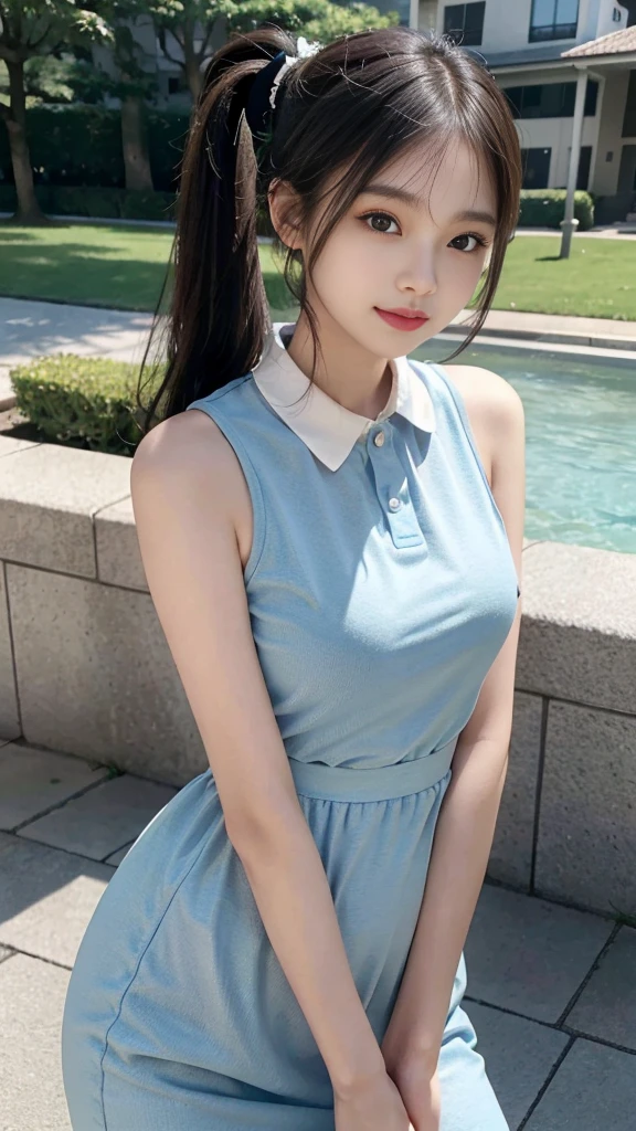 collared dress,european city park,On the lawn,One woman,masutepiece, The highest image quality, High quality, the background is clear,Beautiful woman, Japanese,Ultra-detailed, finely detail, hight resolution, 8K Wallpaper, Perfect dynamic composition, Beautiful detailed eyes , Detailed, Detailed eyes, Detailed skin, Beautiful skin, 超hight resolution, (reality: 1.4),Very beautiful woman, Slightly younger face, Beautiful skin, slender, (Ultra photo realsisim), (hight resolution), (8K), (Very detailed) (beautifully detailed eyes), (super detailed), (Detailed face), view the viewer, Fine details, Detailed face, Staring straight ahead, Staring straight ahead, photos realistic, Bright lighting, Professional Lighting, Black hair,poneyTail,a baby face,sixteen years old,Hairstyle: ponytail,Long ponytail hairstyle,slight smile,neat and tidy clothing,Beautiful Japanese KPOP idol photo, hair style is ponytail, my eyes are double and wide, baby face, smile and look straight ahead, slender, small breasts,Close up face,