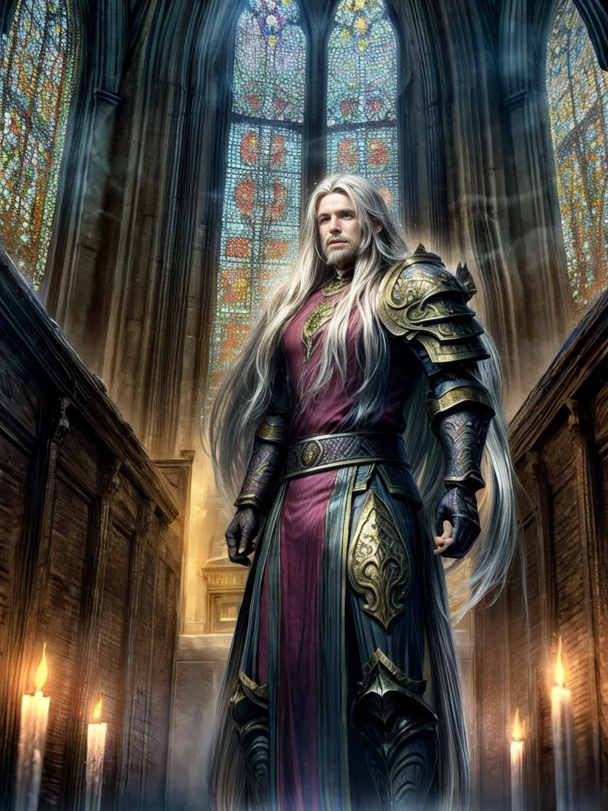 Draego, a medieval knight in shining armor, (long hair:1.2), standing in front of an altar in a large cathedral, dramatic backdrop, high contrast, wide angle lens, vibrant colors, serene, detailed intricate armor, flowing cape, determined facial expression, sunlight streaming through stained glass windows, ornate altar with candles, dramatic shadows, cinematic composition, photorealistic, 8k, hyper detailed, masterpiece
