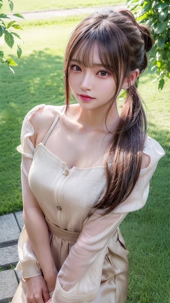 One piece with collar,outdoors,Urban Park,On the lawn,Ultra-detailed, finely detail, hight resolution, 8K Wallpaper, Perfect dynamic composition, Beautiful detailed eyes,Outdoor,Close-up of face,Outdoor,Blushing,Facing forward,,Long hair ponytail,((8k, Raw photo, Best Quality, Mastepiece:1.2), (Realism, Photorealistic:1.4), (Highly detailed 8K wallpapers), Depth of written boundary, Cinematic Lighting, Soft Light, Detailed Beauty Eye,Shiny and smooth light brown ponytail, Asymmetrical bangs, Shiny skin, Ultra-detailed skins ,It is high resolution., High detail, Detailed hairstyle, Detailed facial beauty, Hyper-realistic, Perfect limbs, Perfect Anatomy ,1 Japanese girl,Famous Japanese Idols, Perfect female body,A shy smile,Short eyelashes,Double-edged eyelids,Look straight here,Hair style: ponytail,