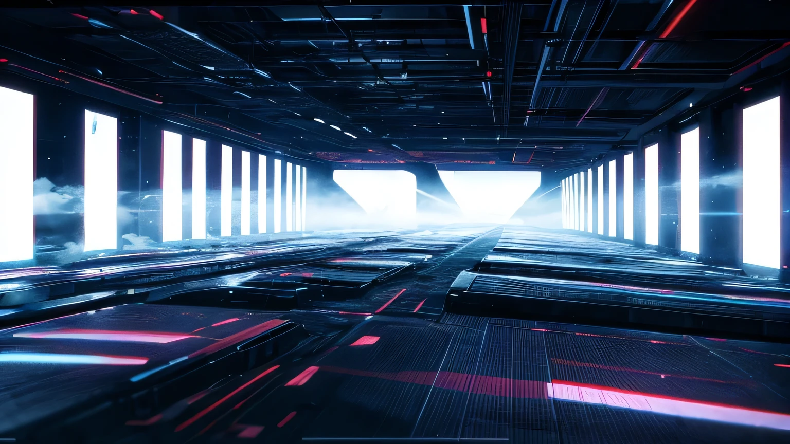 environment inspired by Eric Prydz Opus live visuals, dark low lying fog, high contrast