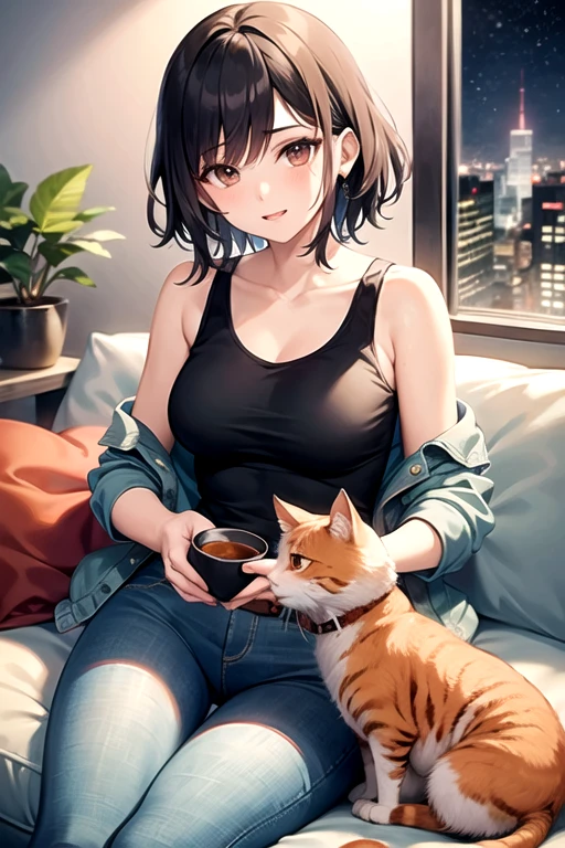 25-year-old anime girl in a white tank top, tight blue jeans and a short denim jacket in a landscape of a luxurious apartment with an orange cat on her lap and night view with a cup of tea in hand and playing with a ball of wool and a plant in the corner